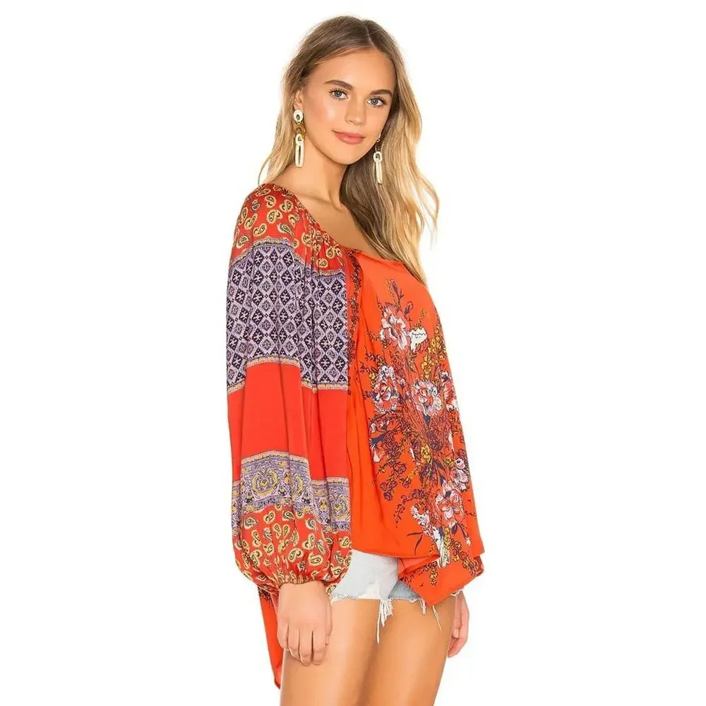 Free People Positano Womens Small Cherry Floral Boho Blouse Balloon Sleeve NWT
